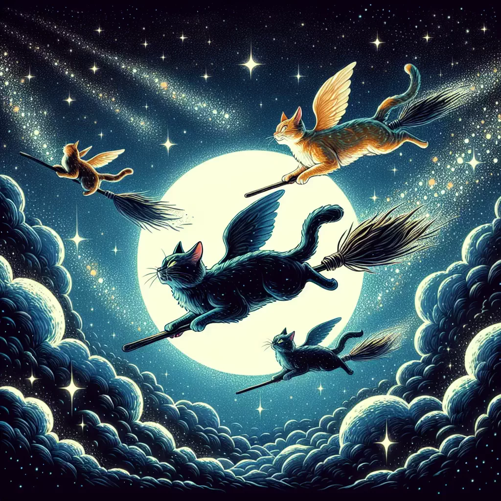 Волшебные кошки, летающие на помелах по ночному небу.