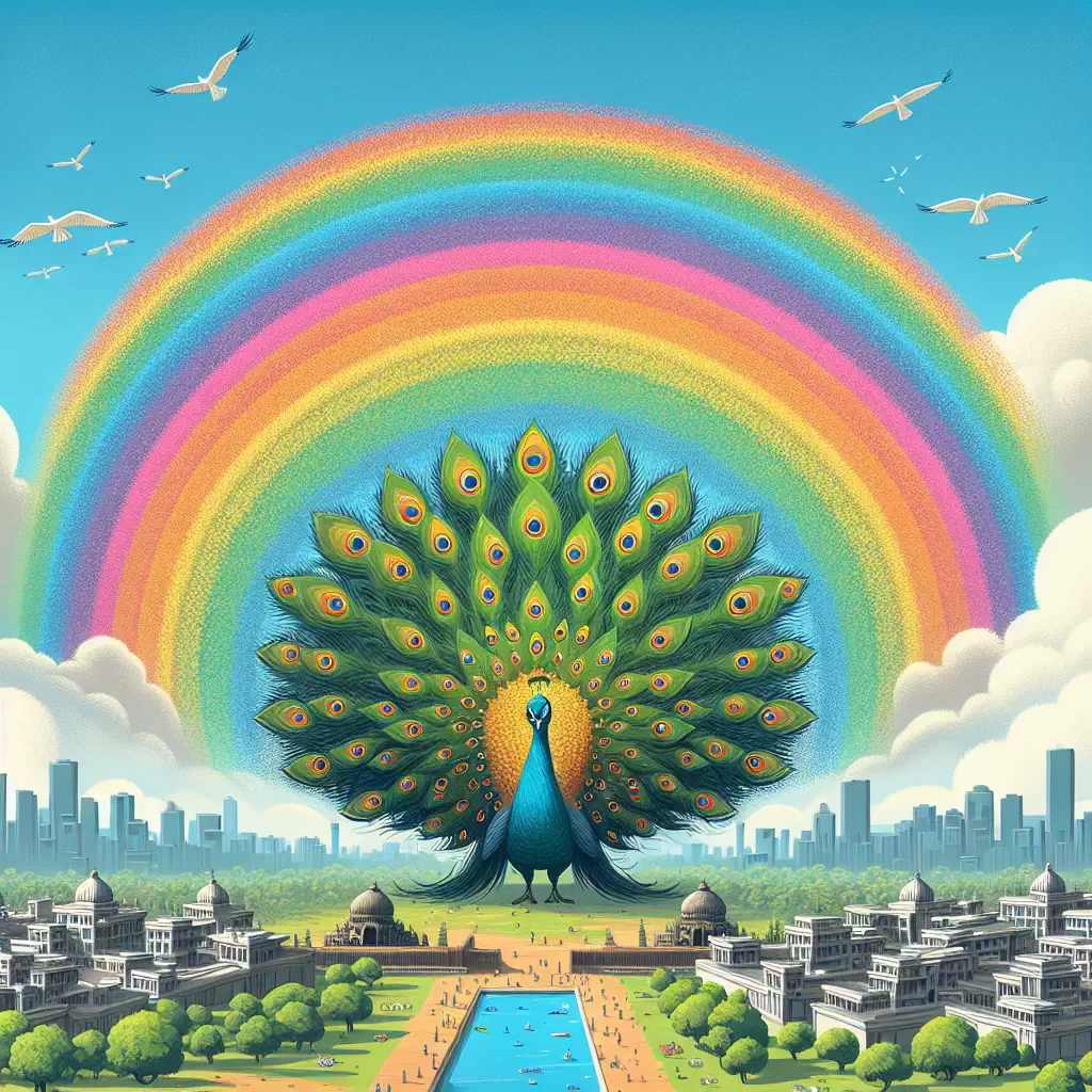 Гигантский павлин, распустивший хвост в форме радуги над городом.