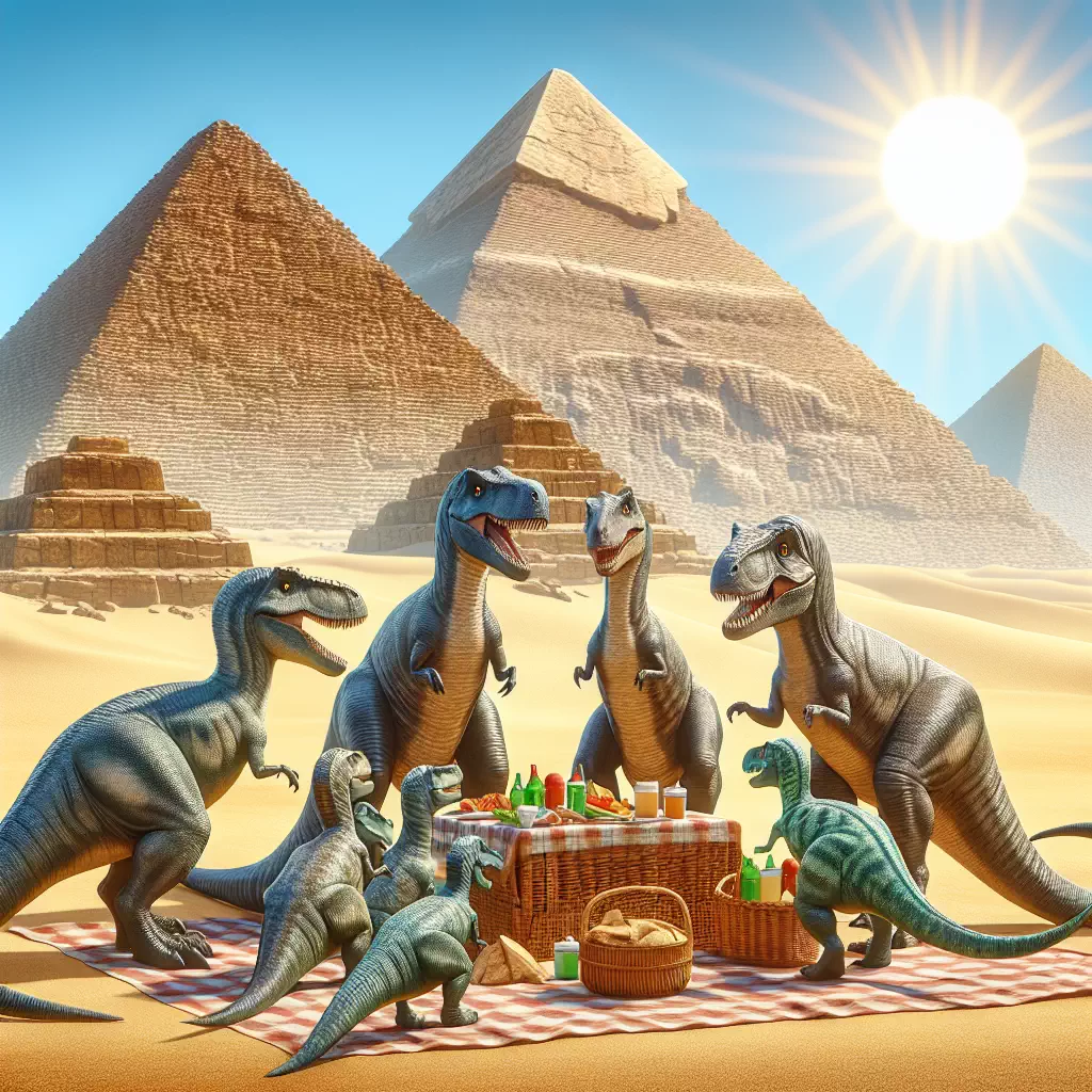 Динозавры, устраивающие пикник на фоне пирамид.