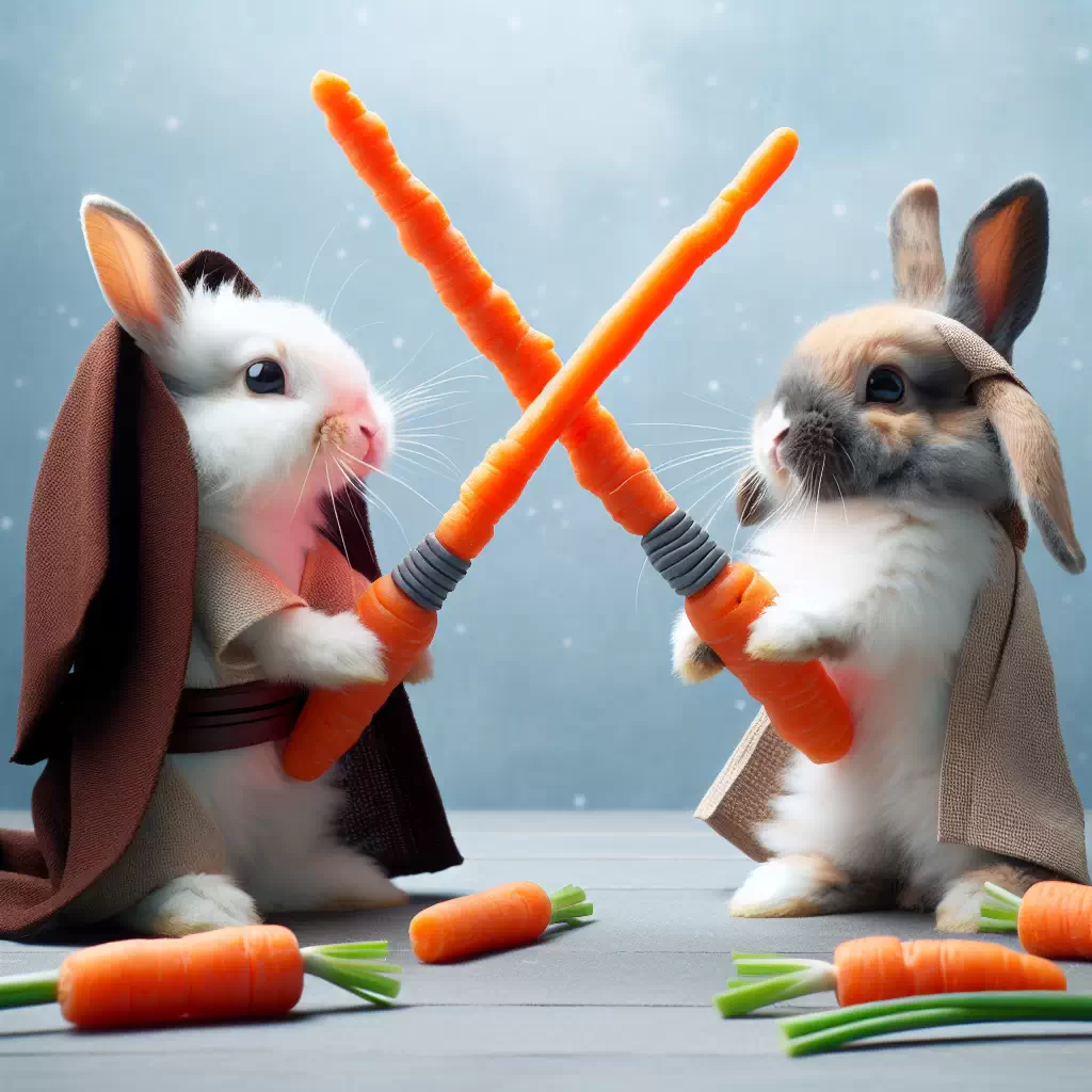 Зайцы-джедаи сражающиеся с мечами из моркови.