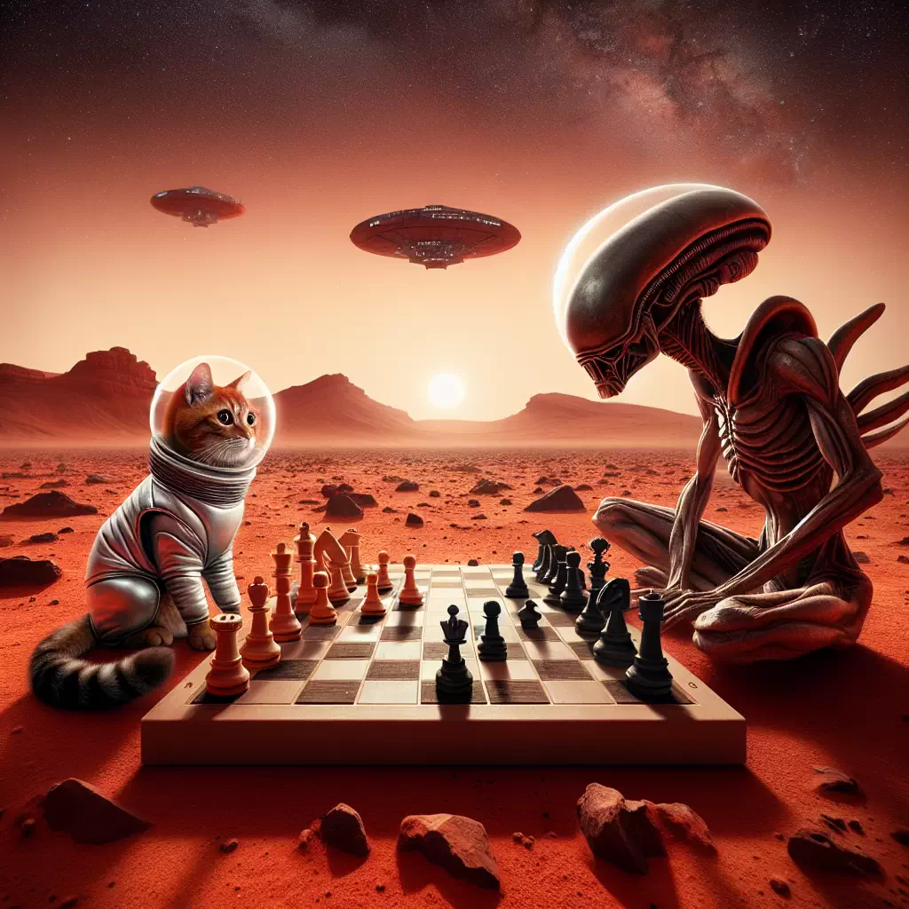 Космический кот, играющий в шахматы с инопланетянином на Марсе.