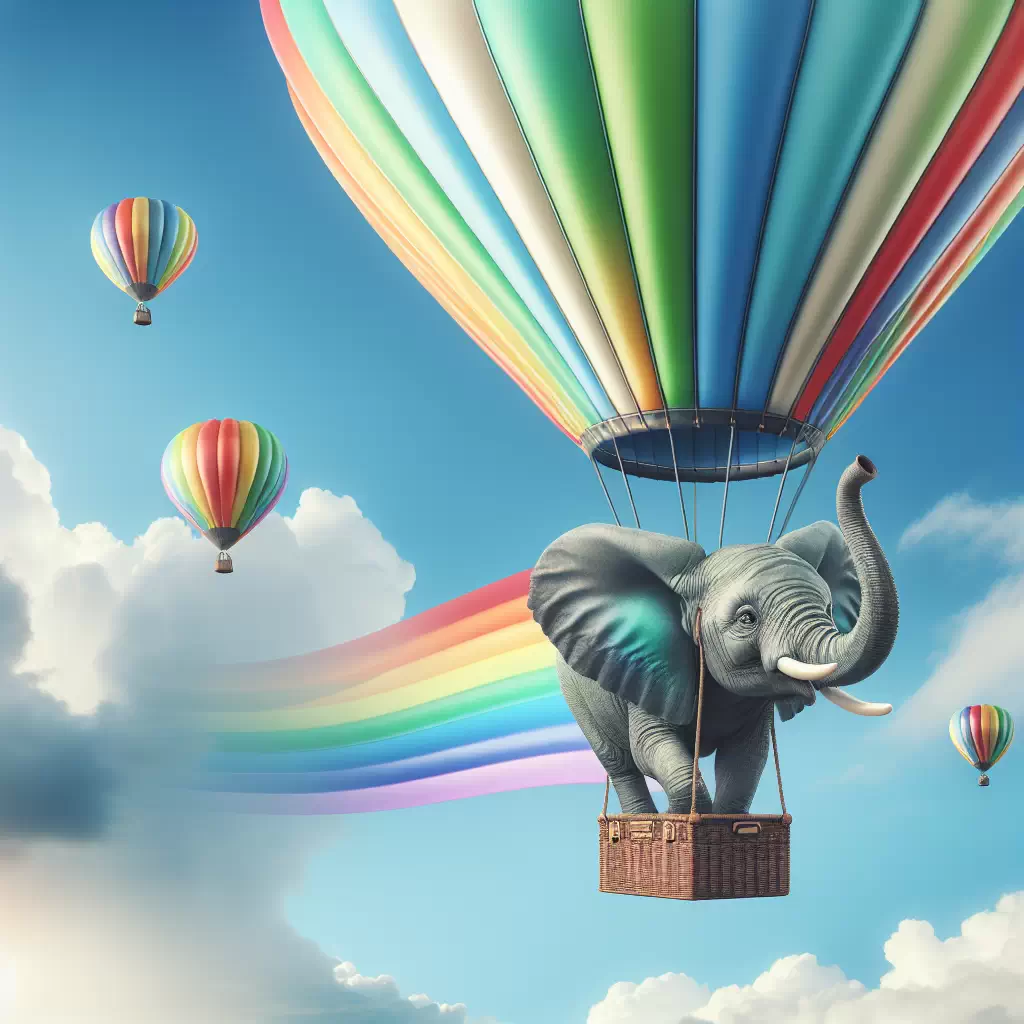 Летающий слон на воздушных шарах, разносящий радугу.