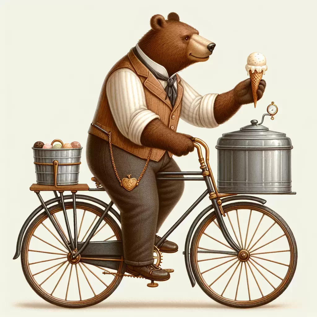Медведь на велосипеде, продающий мороженое в викторианской одежде.
