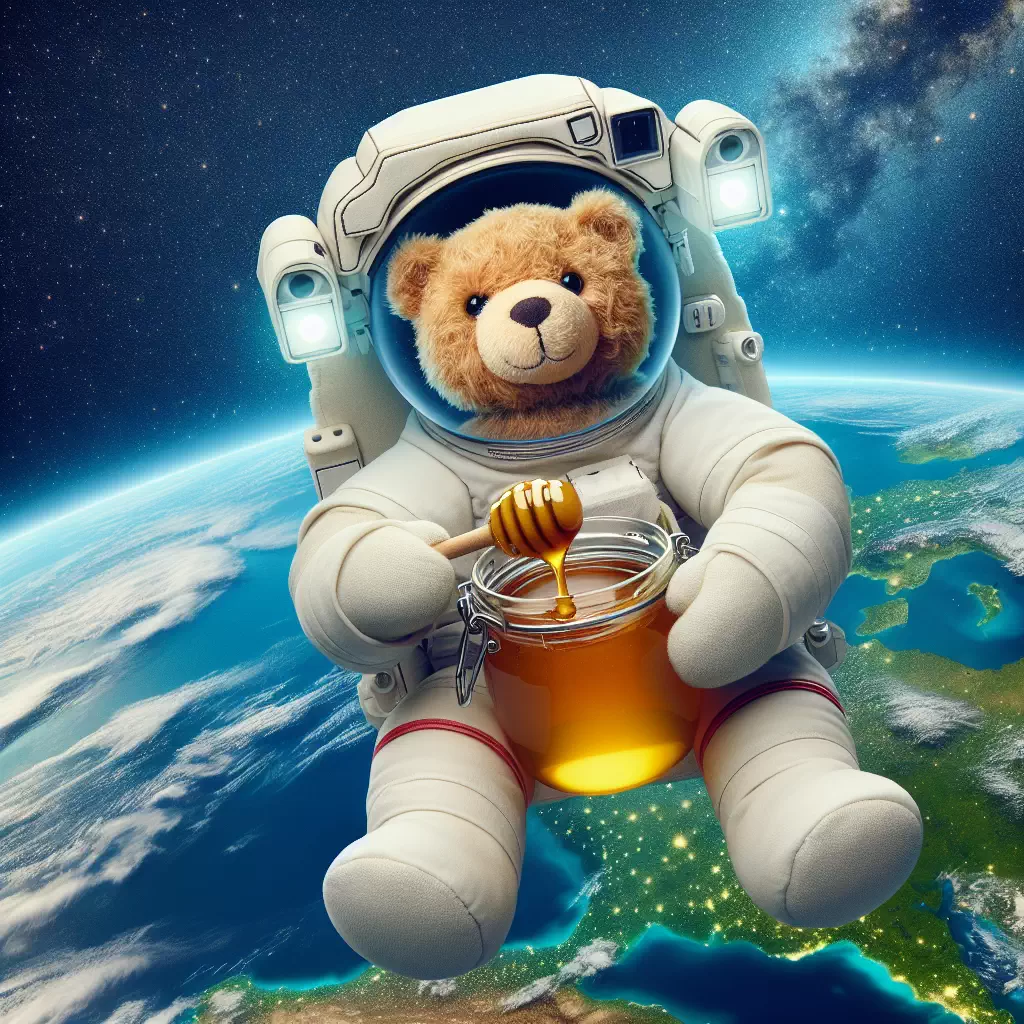 Мишка-космонавт, лакомящийся мёдом на орбите Земли.