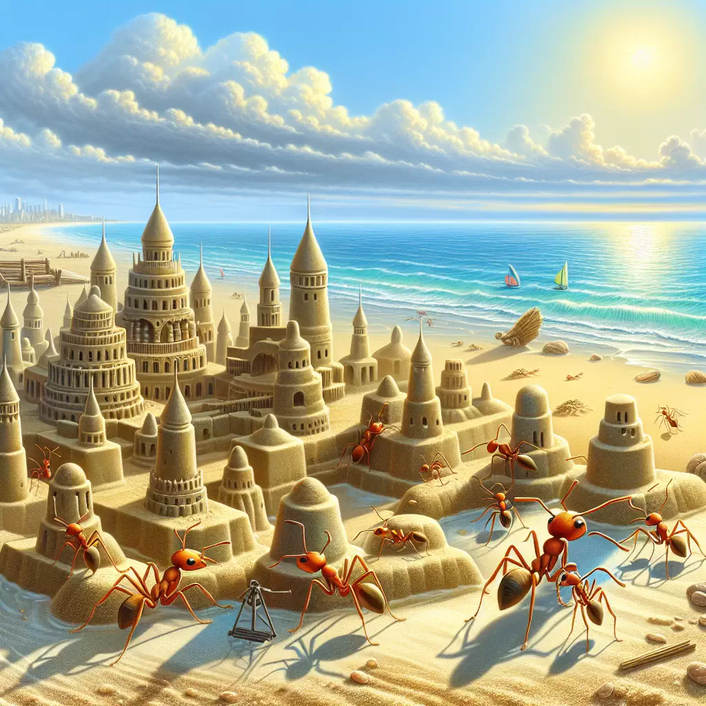 Муравьи-строители, возводящие песочные замки на пляже.