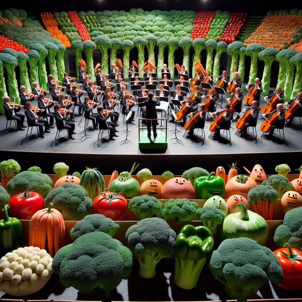 Овощная оркестровая группа, исполняющая симфонию на сцене из брокколи.