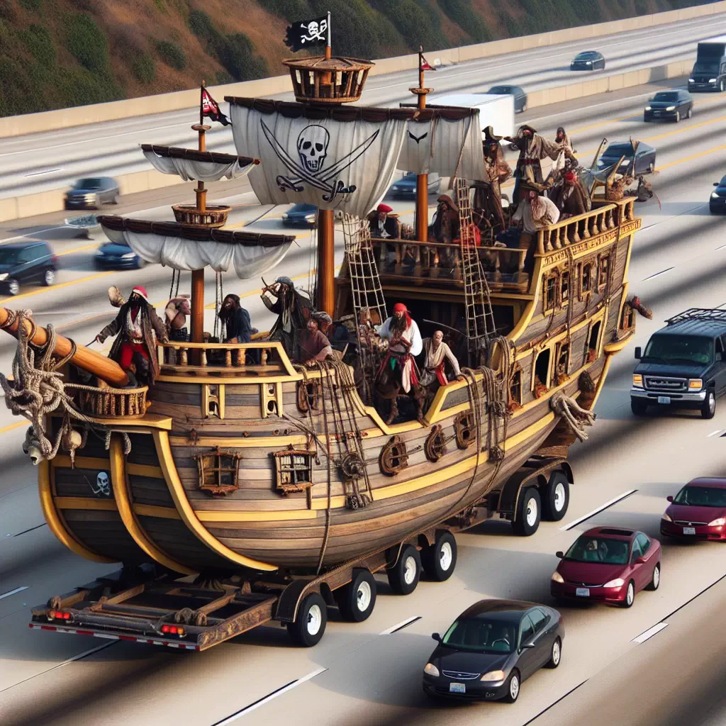 Пиратский корабль на колесах, гоняющийся за сокровищами по автобану.