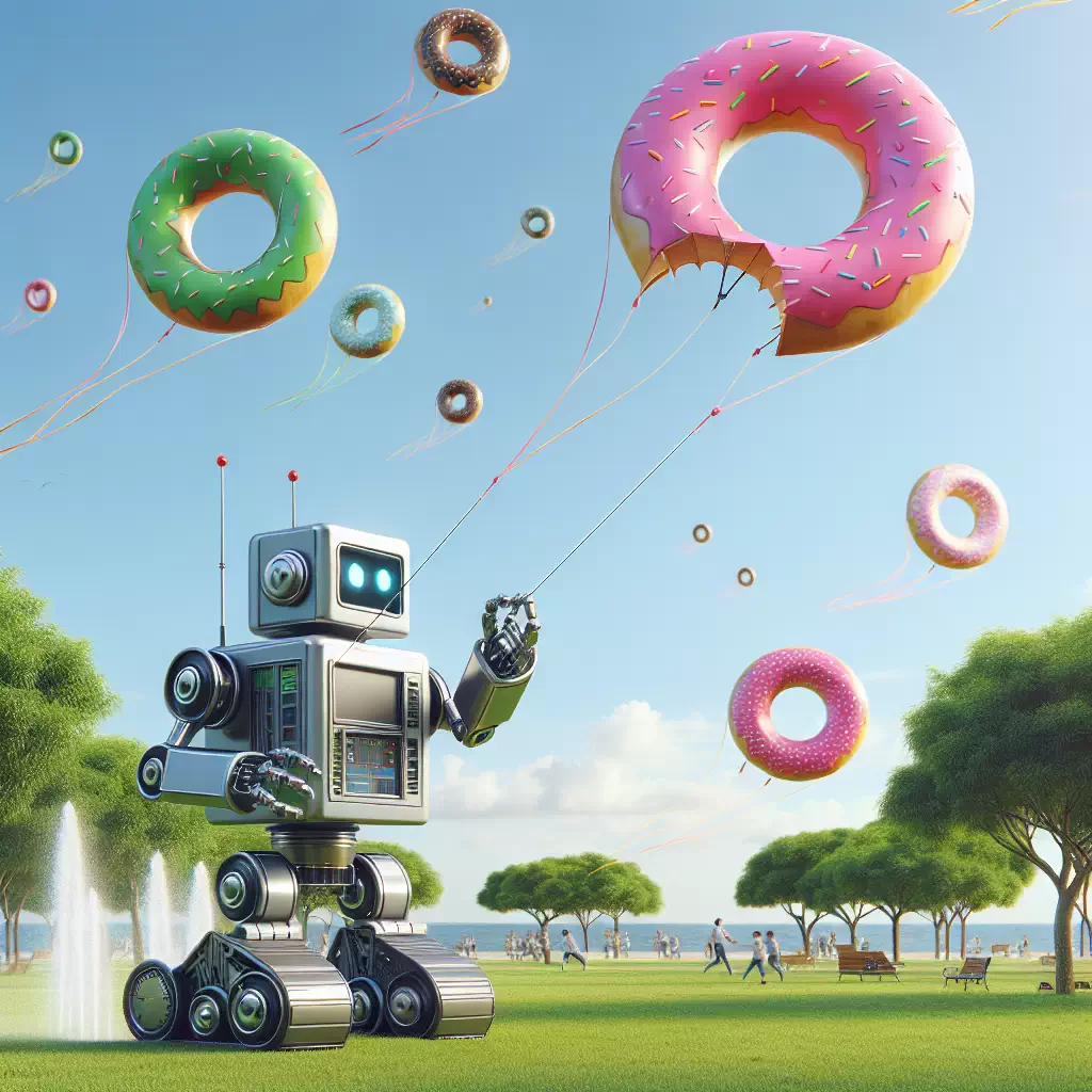 Робот, запускающий воздушных змеев в форме гигантских пончиков в парке.