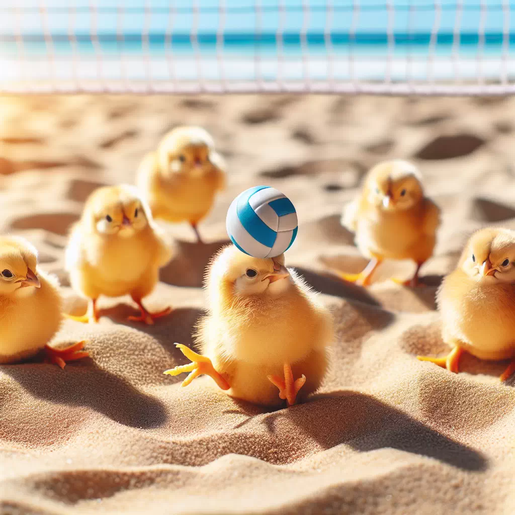 Цыплята, играющие в волейбол на пляже с яйцом вместо мяча.