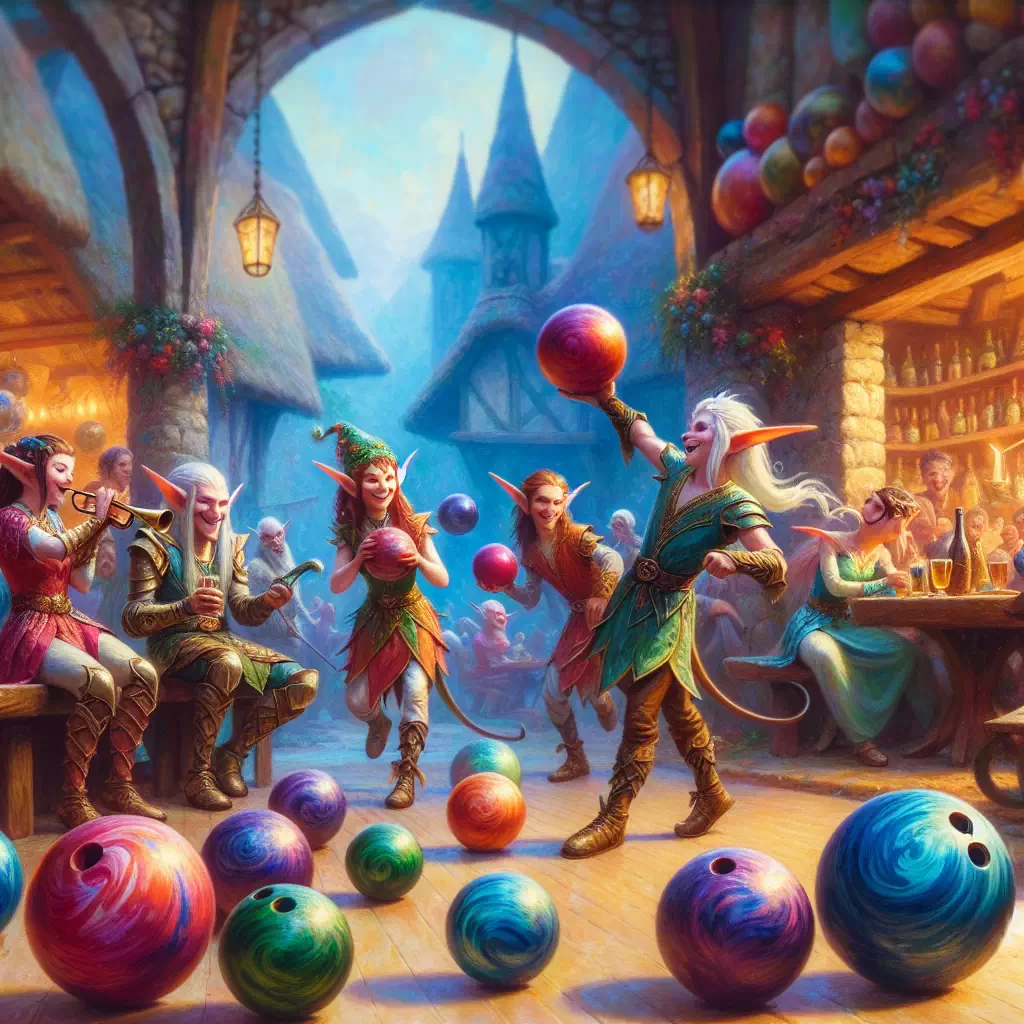 Эльфы, играющие в боулинг с использованием радужных шаров.